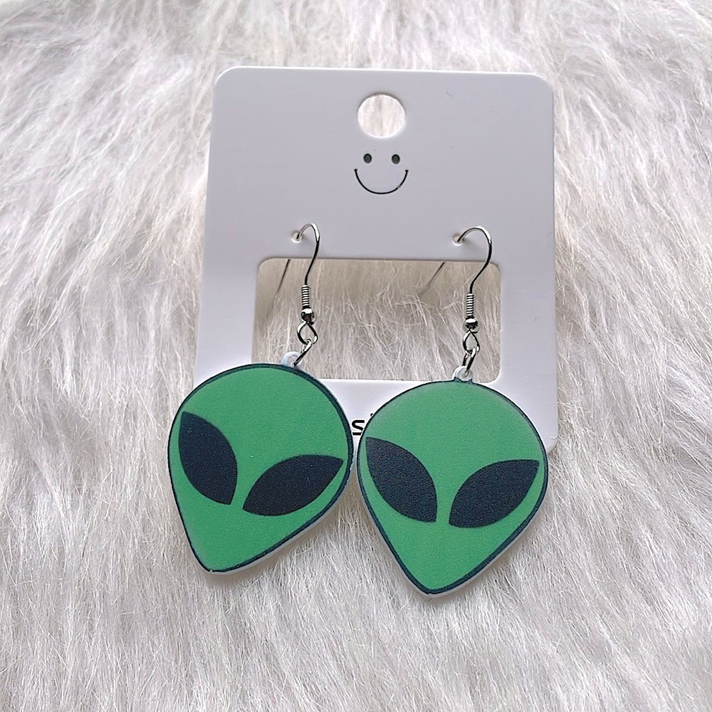 Green Alien Face Earrings
